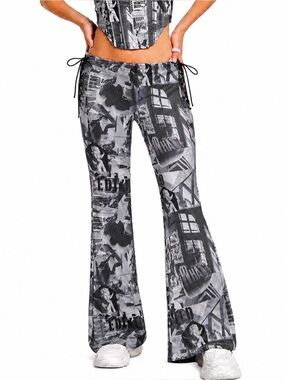 Edikted Casper Graphic Cherub Print Flared Pants Lace Up Sides Size L